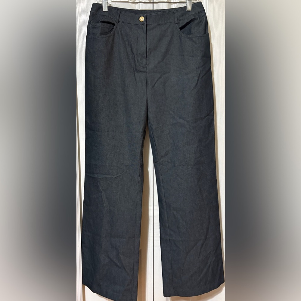 St. John Collection Marie Gray Charcoal Grey Pinstripe Slacks Wide Leg Size 10